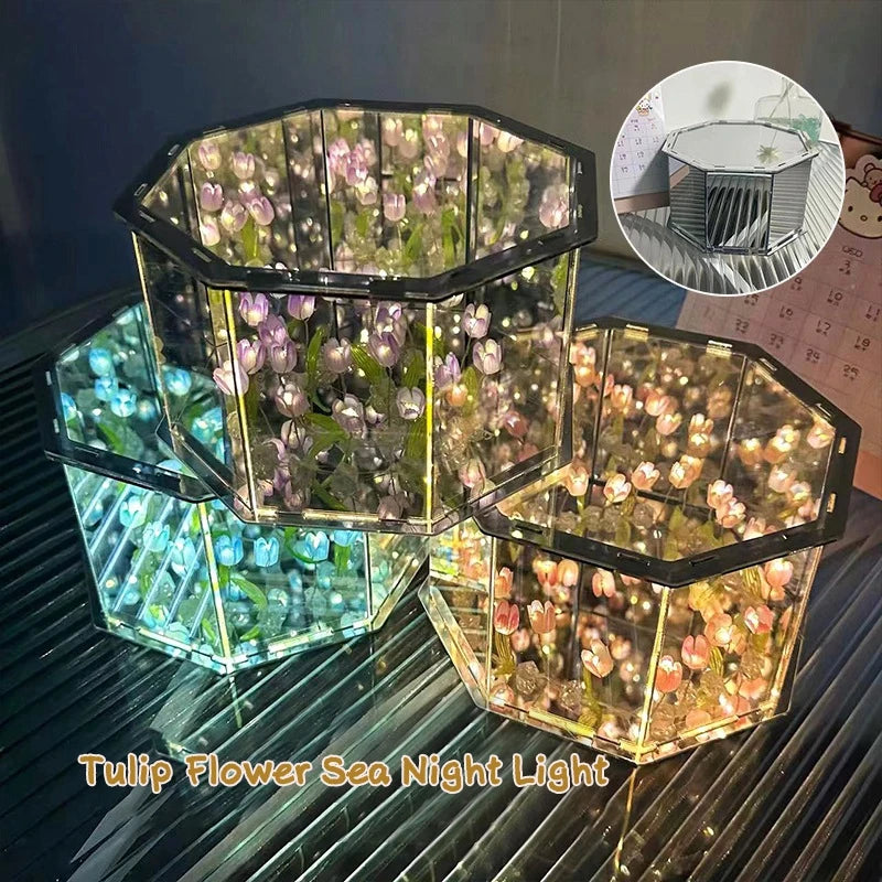 DIY Tulip Rose Mirror Cube Lamp Ornament Three-Dimensional Night light Material Package Handmade Craft Birthday Gifts
