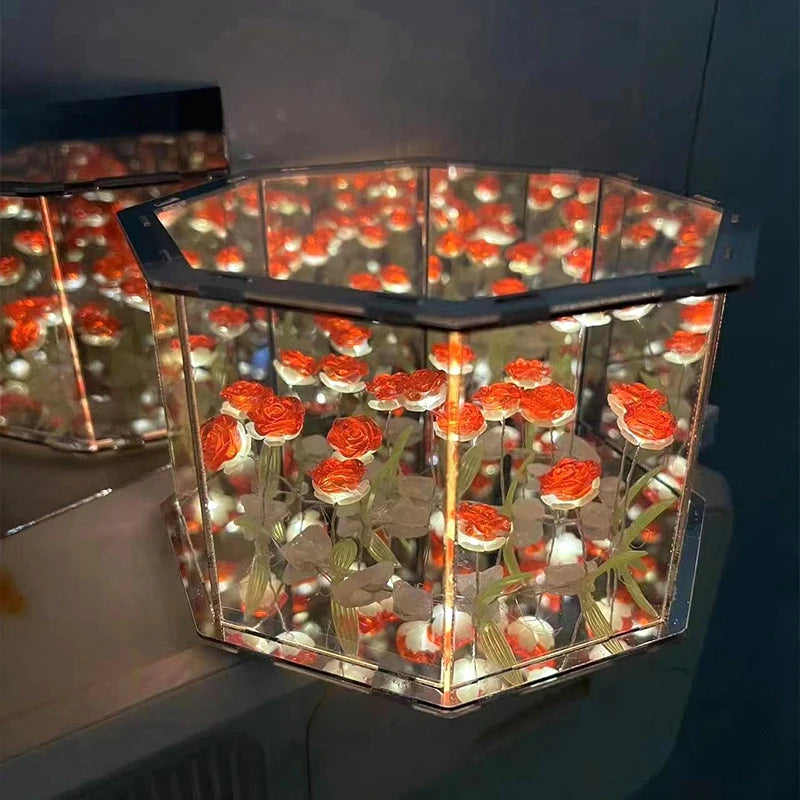 DIY Tulip Rose Mirror Cube Lamp Ornament Three-Dimensional Night light Material Package Handmade Craft Birthday Gifts