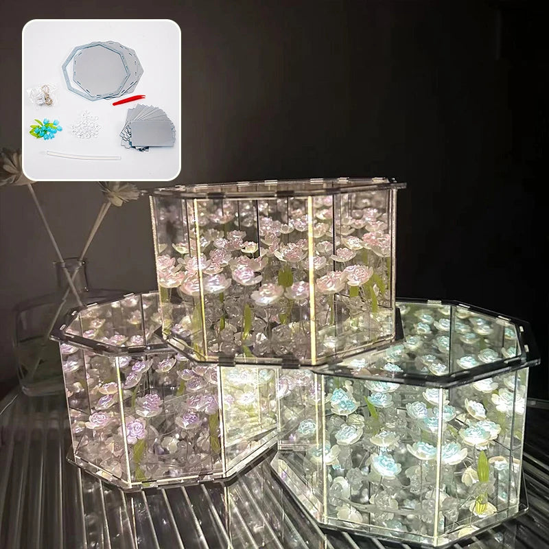 DIY Tulip Rose Mirror Cube Lamp Ornament Three-Dimensional Night light Material Package Handmade Craft Birthday Gifts