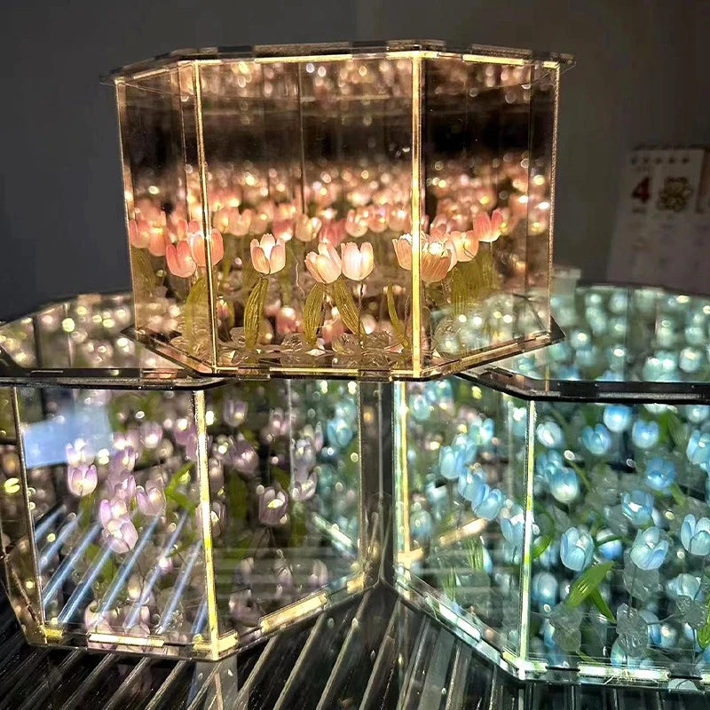 DIY Tulip Rose Mirror Cube Lamp Ornament Three-Dimensional Night light Material Package Handmade Craft Birthday Gifts
