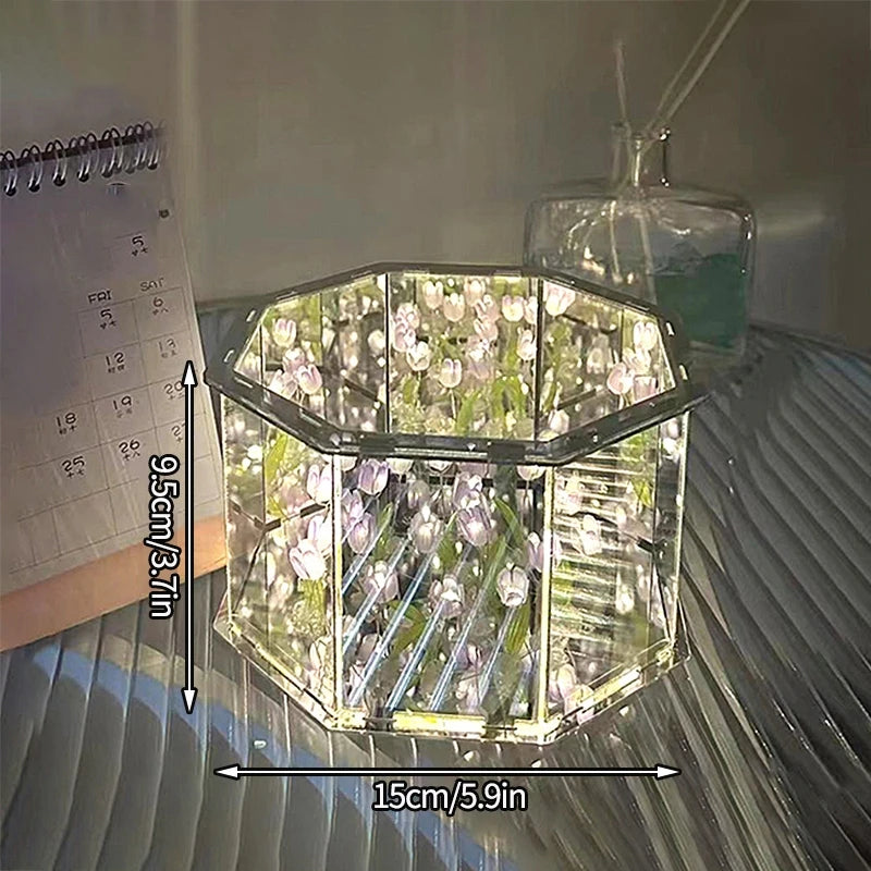 DIY Tulip Rose Mirror Cube Lamp Ornament Three-Dimensional Night light Material Package Handmade Craft Birthday Gifts