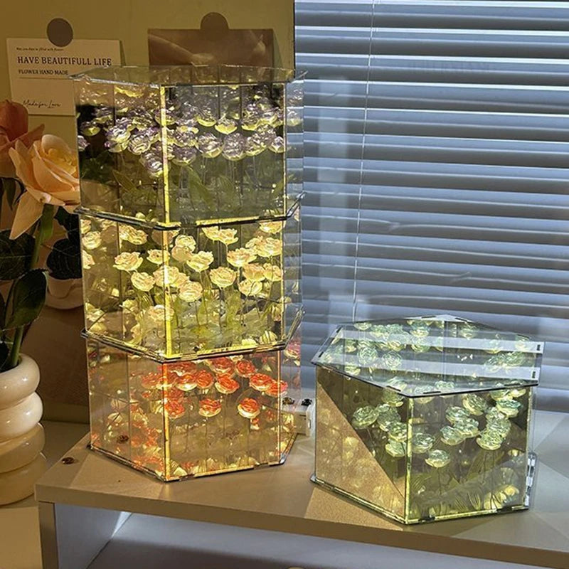 DIY Tulip Rose Mirror Cube Lamp Ornament Three-Dimensional Night light Material Package Handmade Craft Birthday Gifts