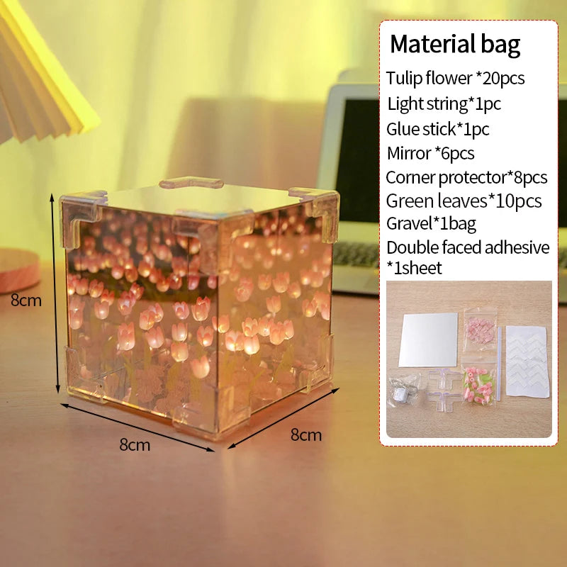 DIY Tulip Rose Mirror Cube Lamp Ornament Three-Dimensional Night light Material Package Handmade Craft Birthday Gifts