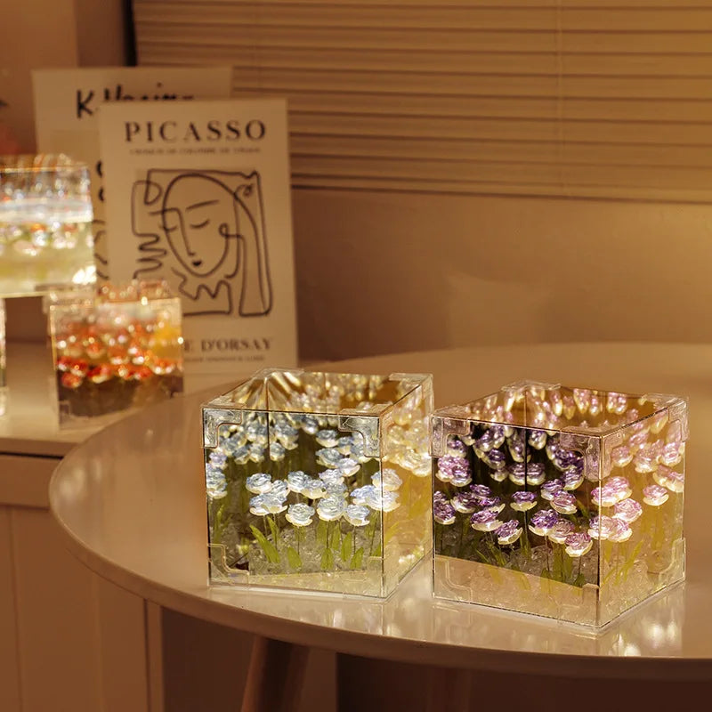 Romantic Rose Flower Box Handmade Led Tulip Night Light DIY Material Package Desktop Ornament Mirror Box Valentine's Day Gift