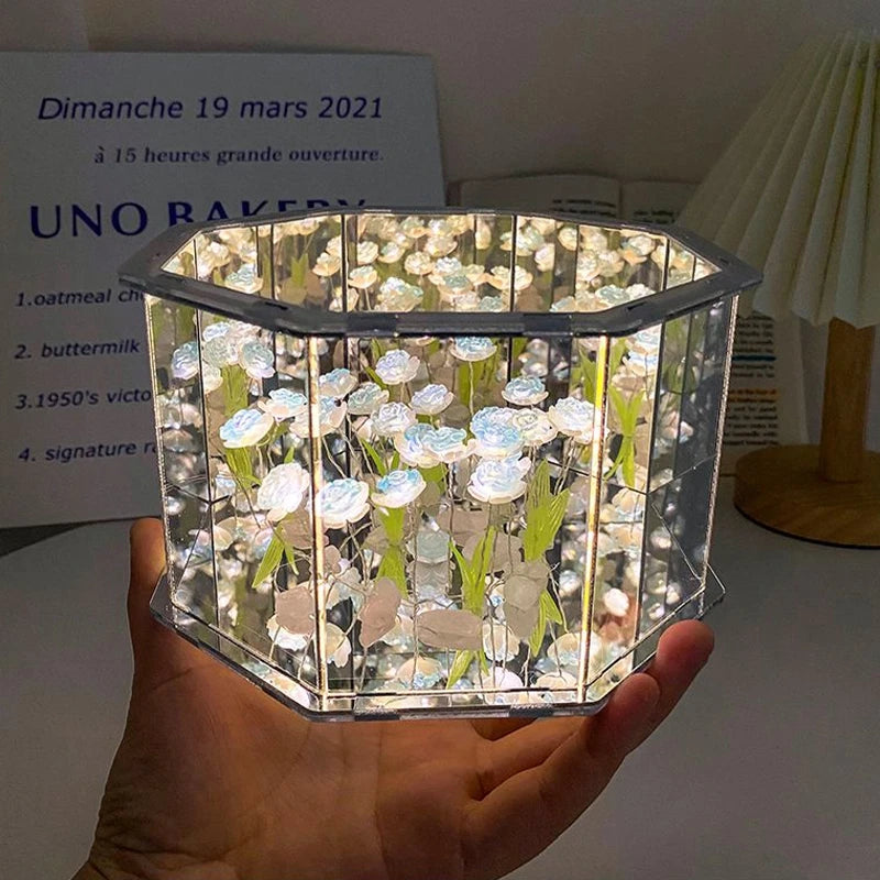DIY Tulip Rose Mirror Cube Lamp Ornament Three-Dimensional Night light Material Package Handmade Craft Birthday Gifts