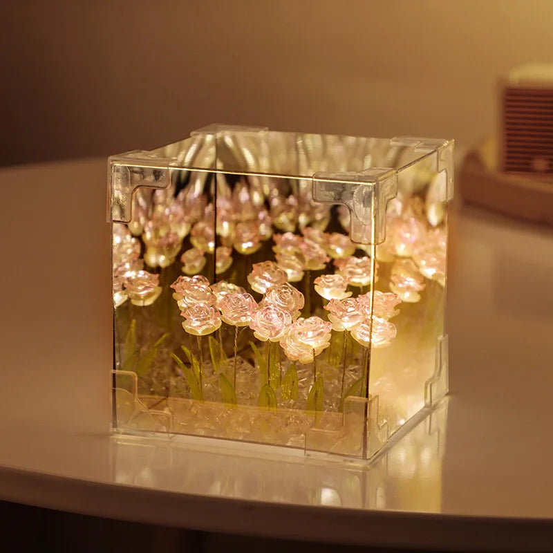 Romantic Rose Flower Box Handmade Led Tulip Night Light DIY Material Package Desktop Ornament Mirror Box Valentine's Day Gift