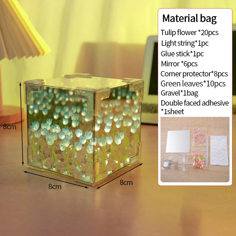 DIY Tulip Rose Mirror Cube Lamp Ornament Three-Dimensional Night light Material Package Handmade Craft Birthday Gifts