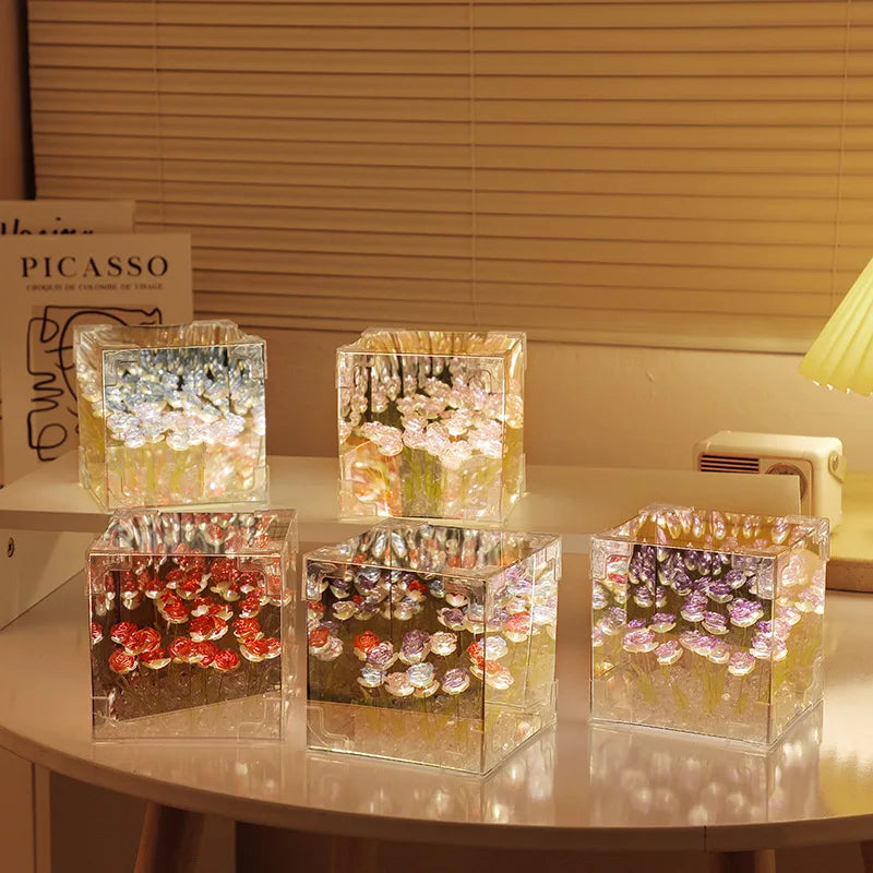 Romantic Rose Flower Box Handmade Led Tulip Night Light DIY Material Package Desktop Ornament Mirror Box Valentine's Day Gift