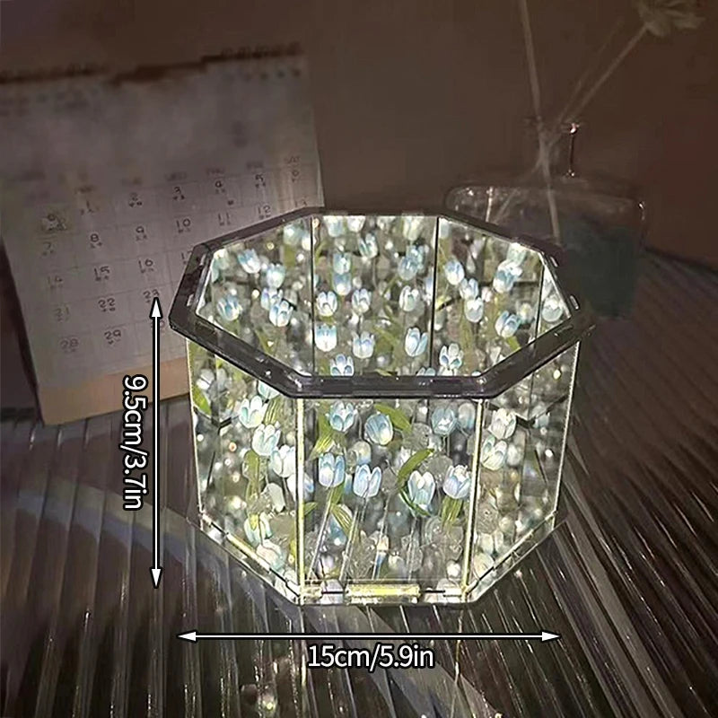 DIY Tulip Rose Mirror Cube Lamp Ornament Three-Dimensional Night light Material Package Handmade Craft Birthday Gifts