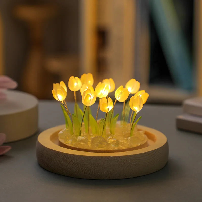 Artificial Tulip Flower Night Light Handmade DIY Bedside Lamp LED Night Lamp Bedroom Decor Christmas Birthday Gifts Table Lamp