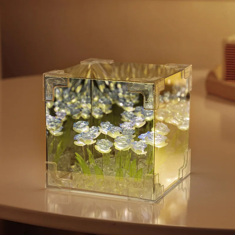 Romantic Rose Flower Box Handmade Led Tulip Night Light DIY Material Package Desktop Ornament Mirror Box Valentine's Day Gift