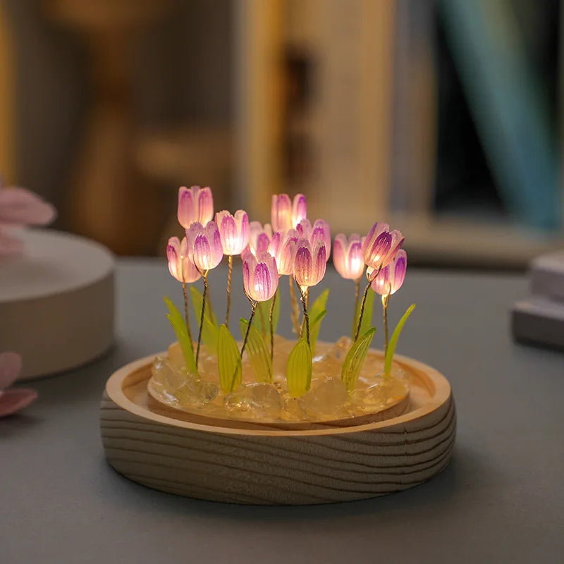 Artificial Tulip Flower Night Light Handmade DIY Bedside Lamp LED Night Lamp Bedroom Decor Christmas Birthday Gifts Table Lamp