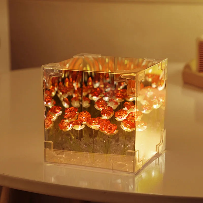 Romantic Rose Flower Box Handmade Led Tulip Night Light DIY Material Package Desktop Ornament Mirror Box Valentine's Day Gift