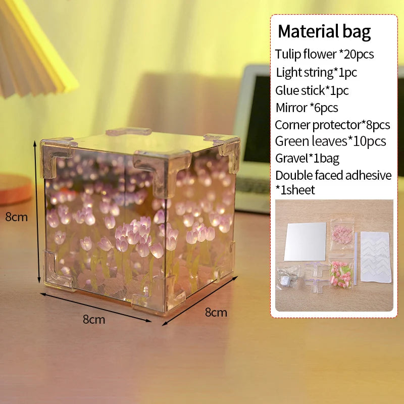 DIY Tulip Rose Mirror Cube Lamp Ornament Three-Dimensional Night light Material Package Handmade Craft Birthday Gifts