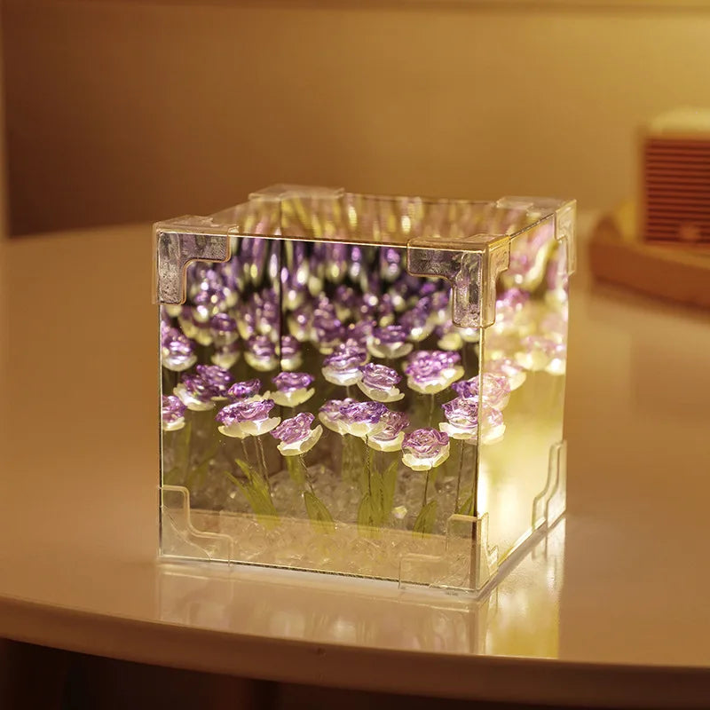 Romantic Rose Flower Box Handmade Led Tulip Night Light DIY Material Package Desktop Ornament Mirror Box Valentine's Day Gift