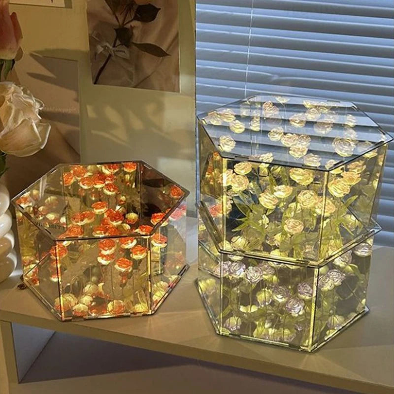 DIY Tulip Rose Mirror Cube Lamp Ornament Three-Dimensional Night light Material Package Handmade Craft Birthday Gifts