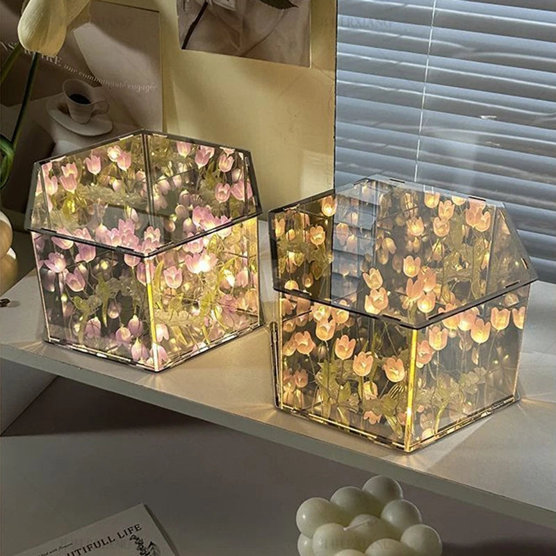 DIY Tulip Rose Mirror Cube Lamp Ornament Three-Dimensional Night light Material Package Handmade Craft Birthday Gifts
