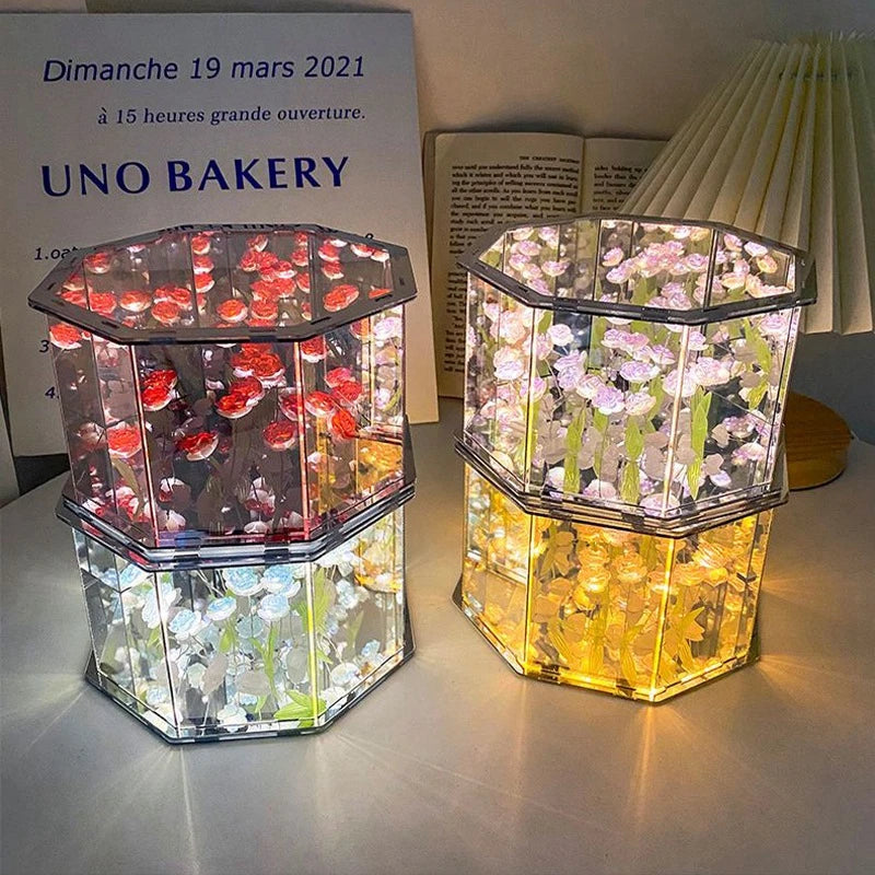 DIY Tulip Rose Mirror Cube Lamp Ornament Three-Dimensional Night light Material Package Handmade Craft Birthday Gifts