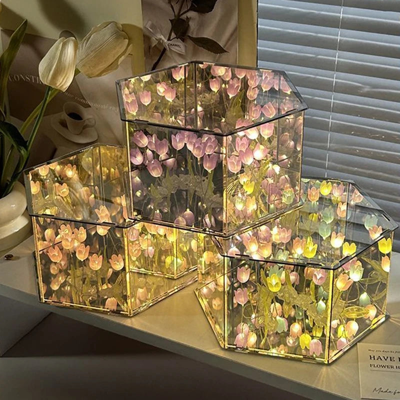 DIY Tulip Rose Mirror Cube Lamp Ornament Three-Dimensional Night light Material Package Handmade Craft Birthday Gifts